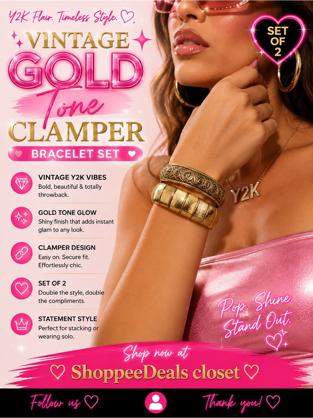 Vintage Gold Tone Clamper Bracelet Set – Set of 2
